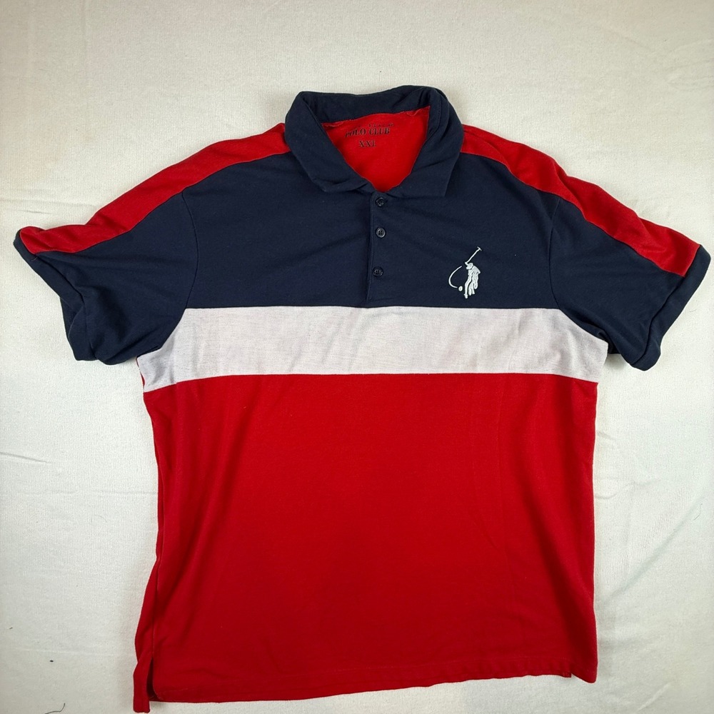 Long Beach Polo Club XXL Red White Navy Blue Colorblock Short Sleeve Polo Shirt - Picture 2 of 10